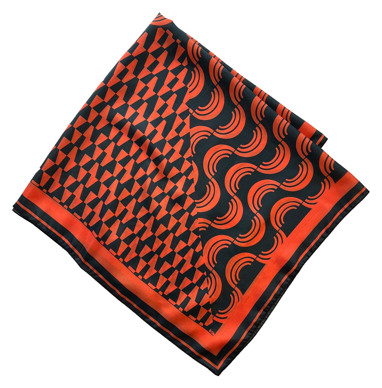 Orange & Navy Blue Geometric Print Silk Scarf 36" x 36"