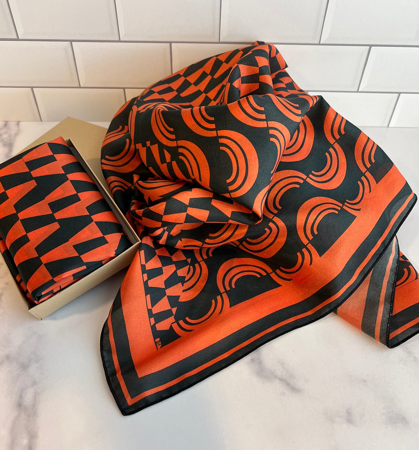 Orange & Navy Blue Geometric Print Silk Scarf 26" x 26"