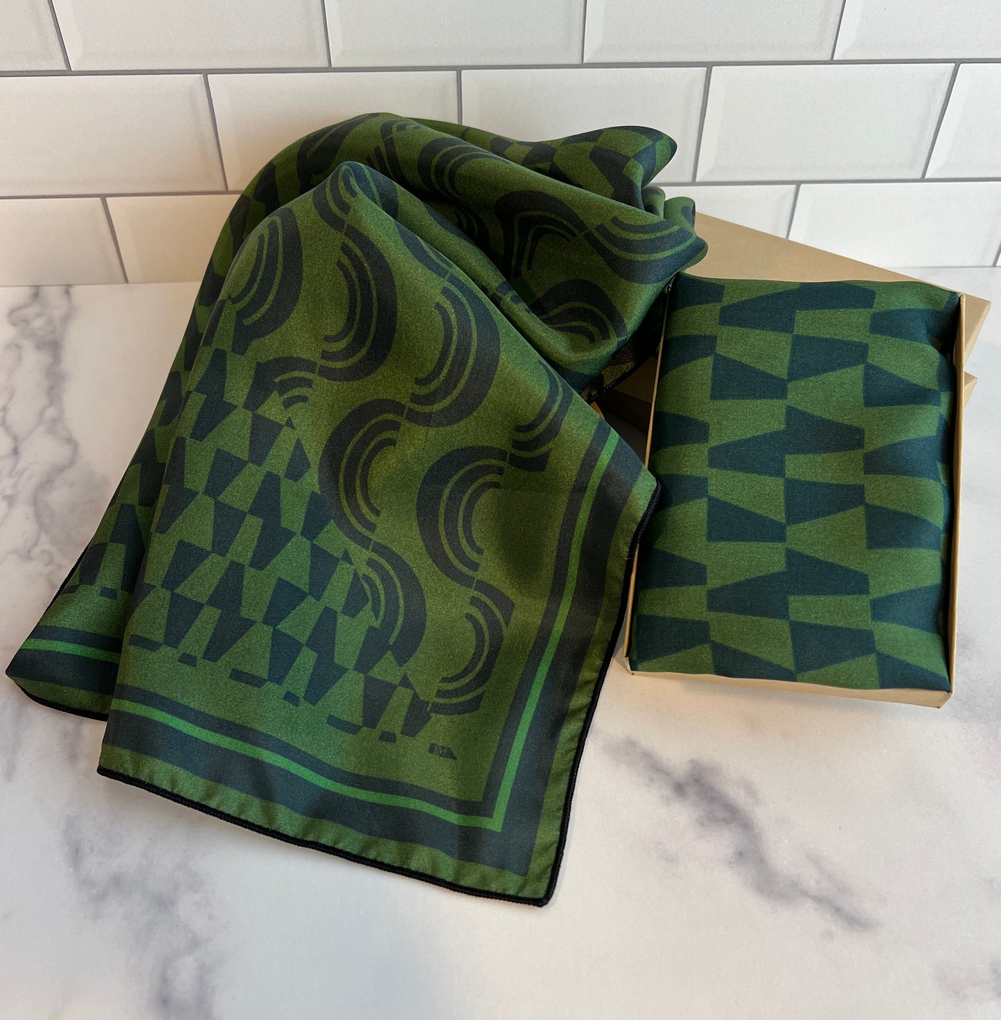 Green & Navy Blue Geometric Print Silk Scarf 36" x 36"