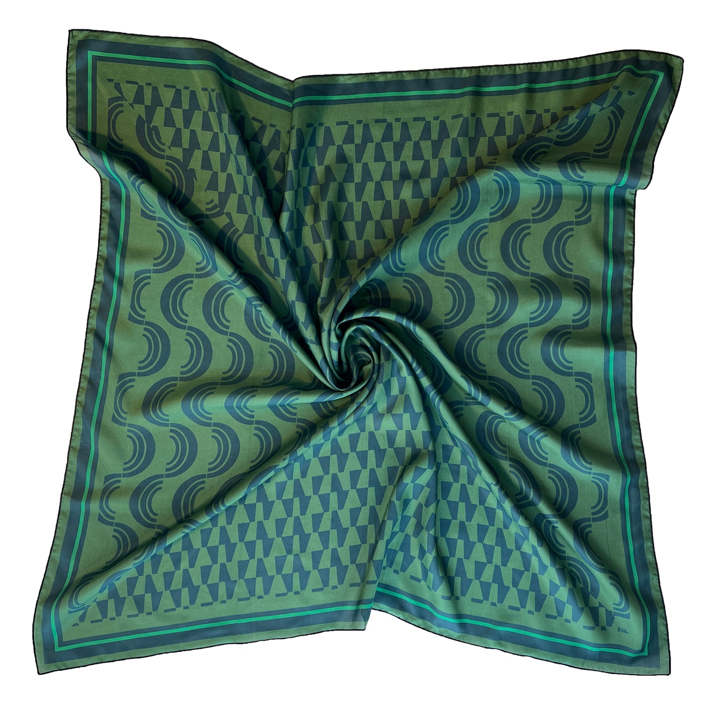 Green & Navy Blue Geometric Print Silk Scarf 36" x 36"