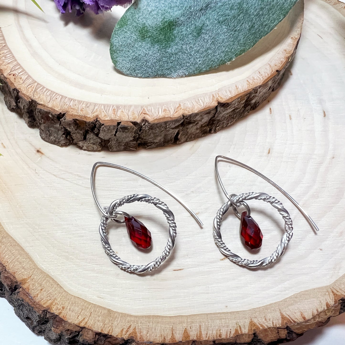 Red Crystal Twist Sterling Silver Threader Earrings