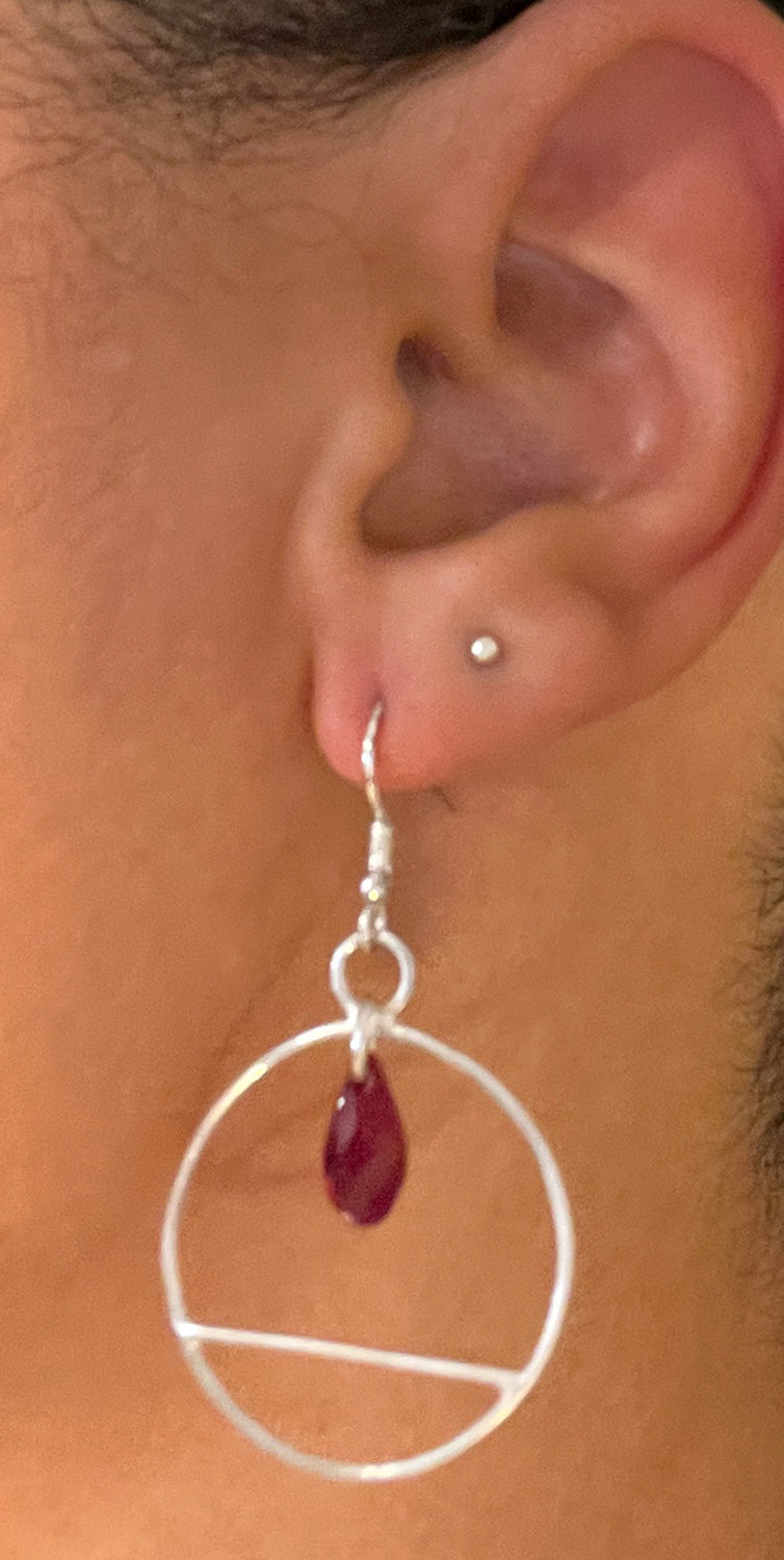 Red Crystal Sterling Silver Dangle Hoop Earrings