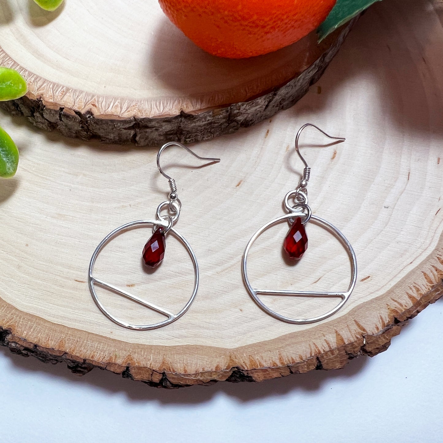 Red Crystal Sterling Silver Dangle Hoop Earrings