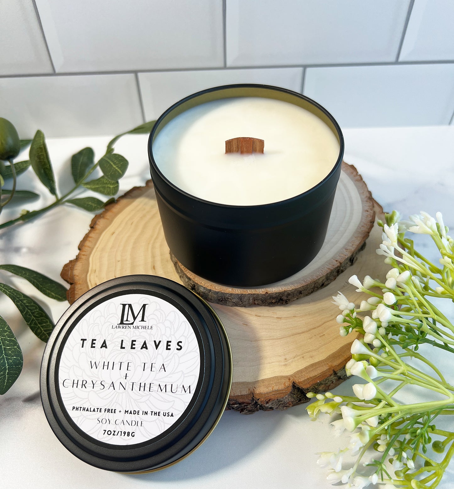 Tea Leaves Wood Wick 7oz Soy Candle Tin
