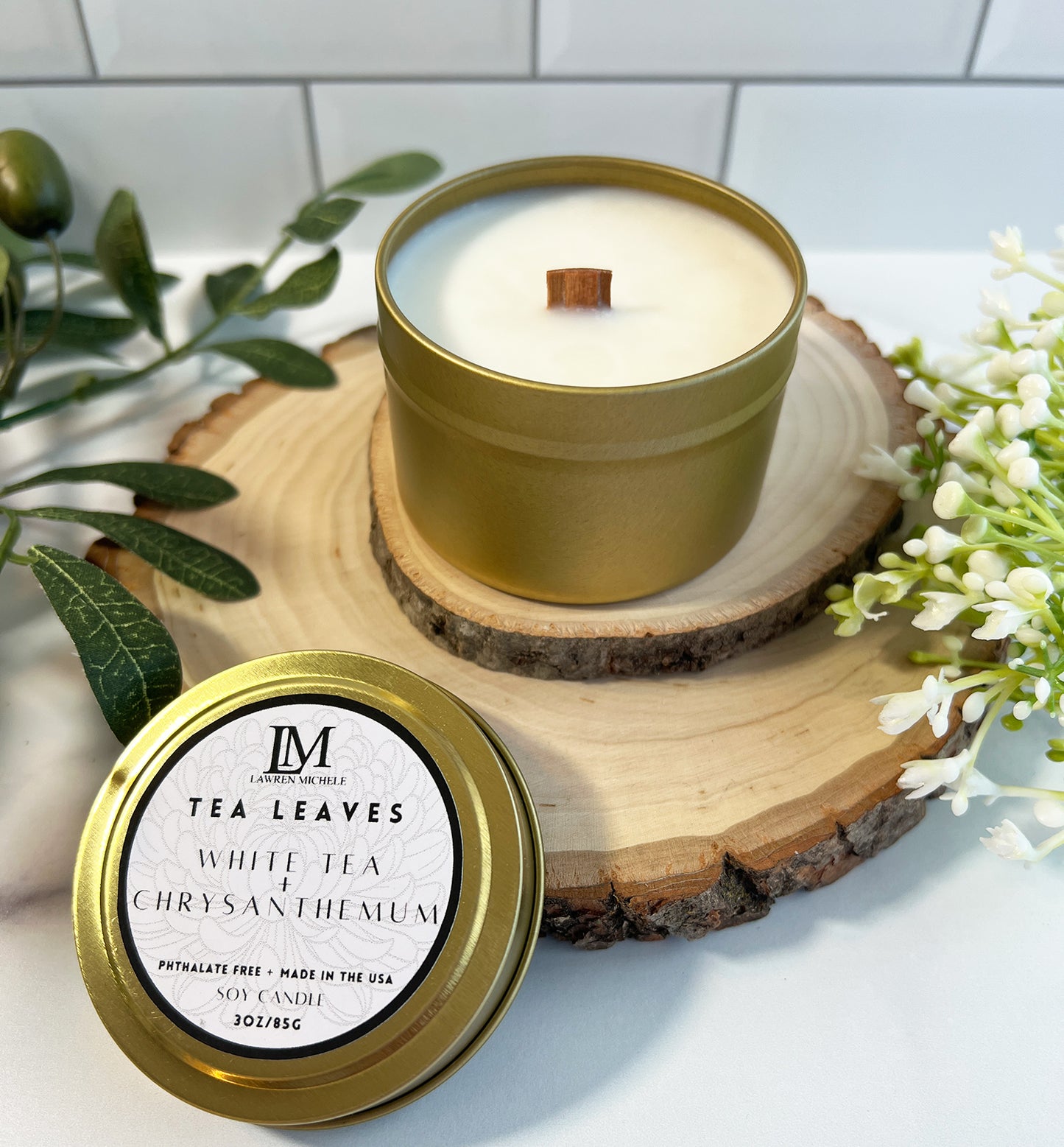 Tea Leaves Wood Wick 3oz Tin Soy Candle