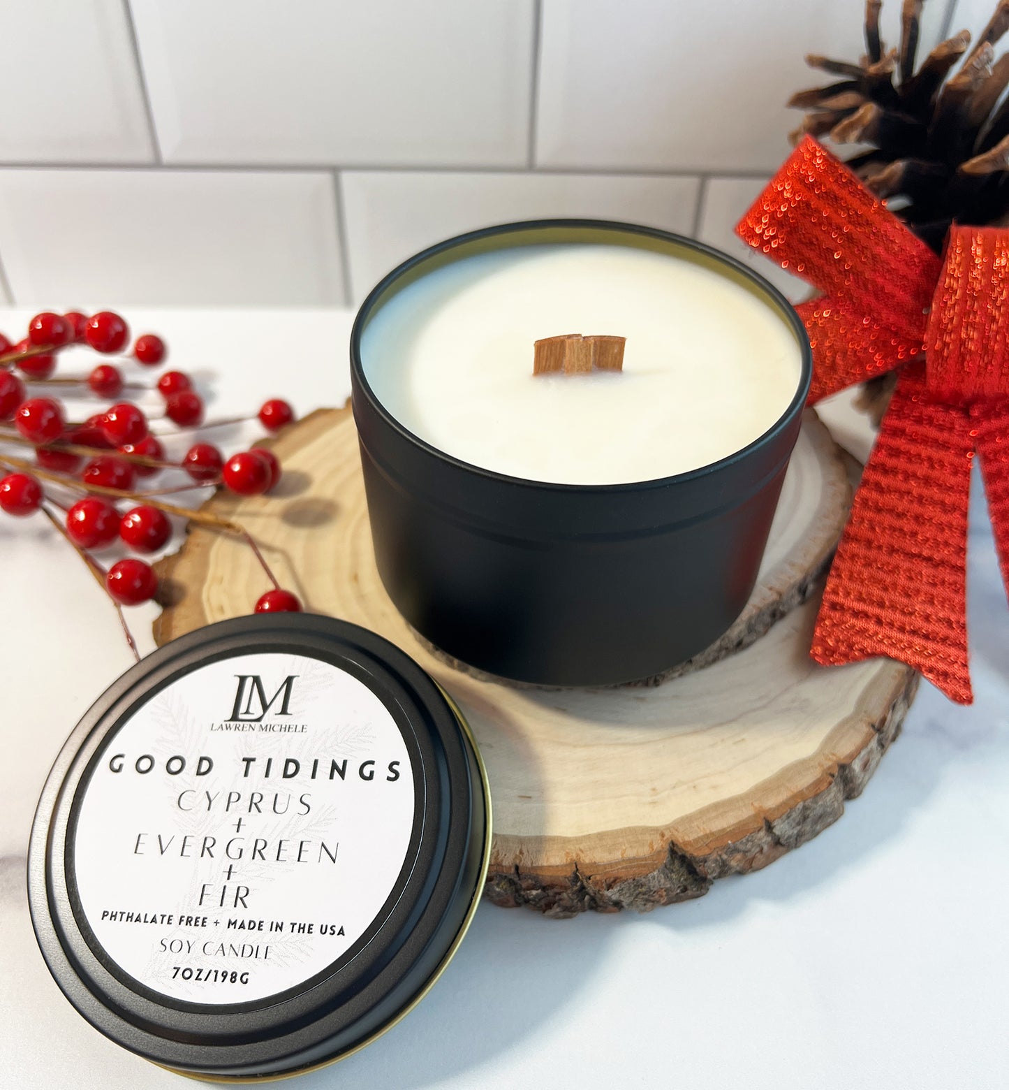 Good Tidings Soy Wood Wick 7oz Holiday Candle Tin