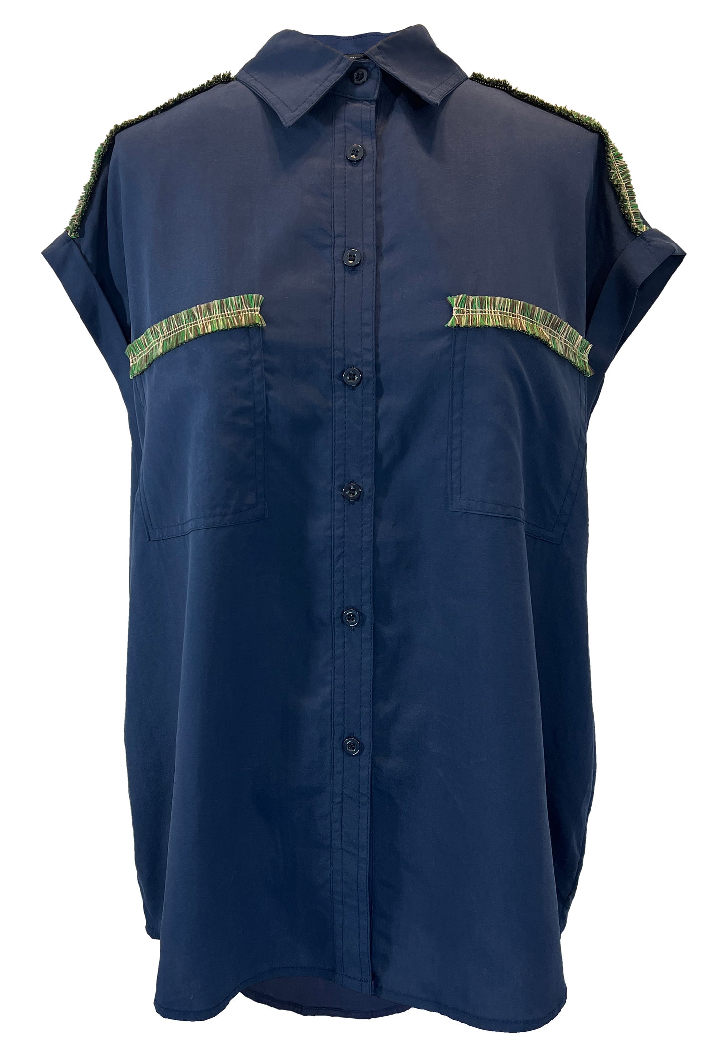 Navy Blue Button Up Fringe Detail Top