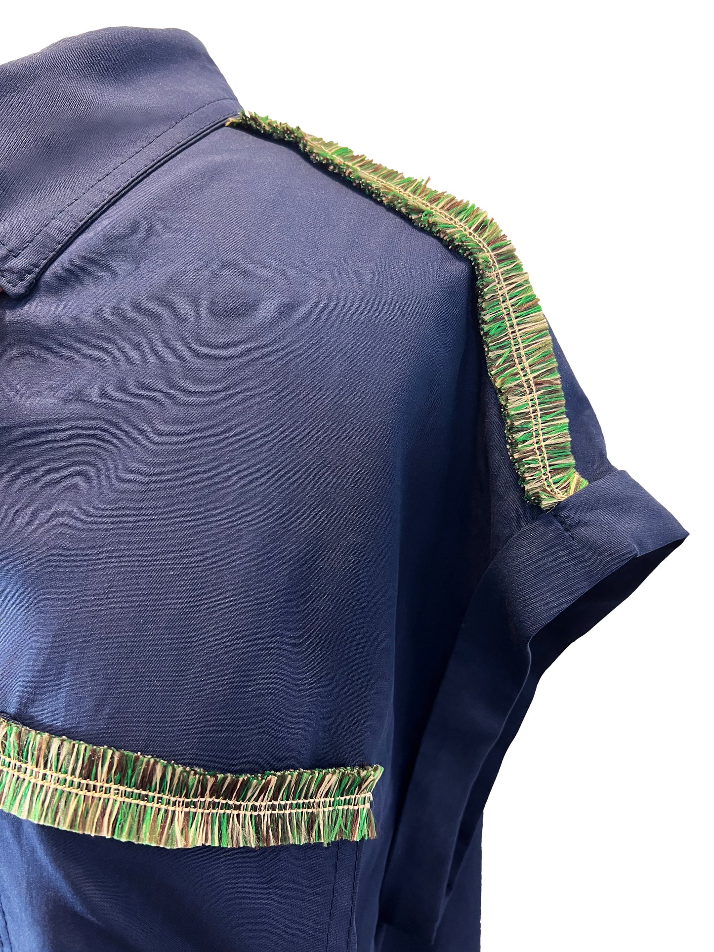 Navy Blue Button Up Fringe Detail Top