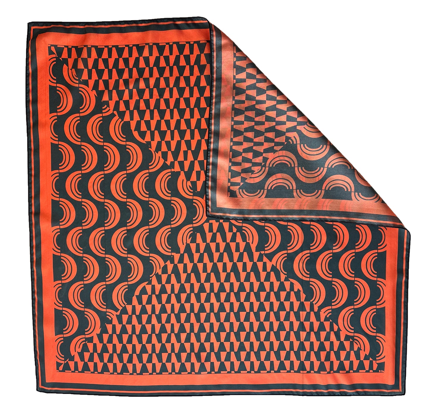 Orange & Navy Blue Geometric Print Silk Scarf 26" x 26"