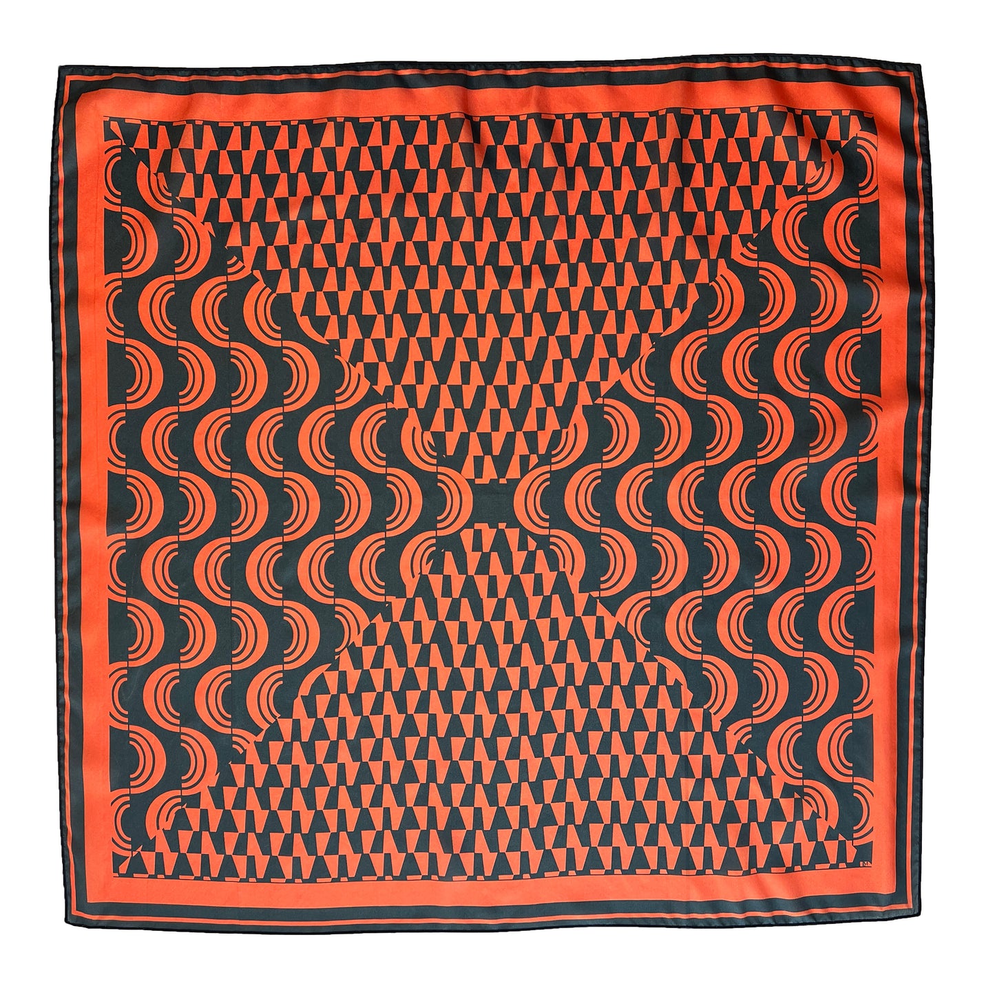 Orange & Navy Blue Geometric Print Silk Scarf 26" x 26"