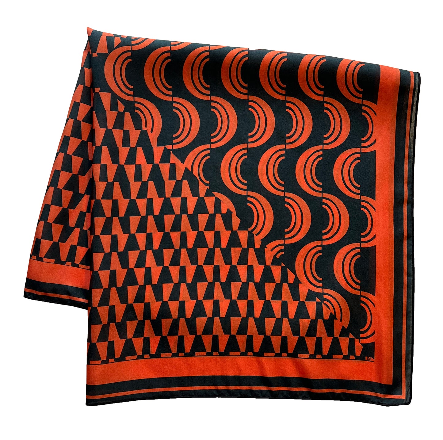 Orange & Navy Blue Geometric Print Silk Scarf 26" x 26"