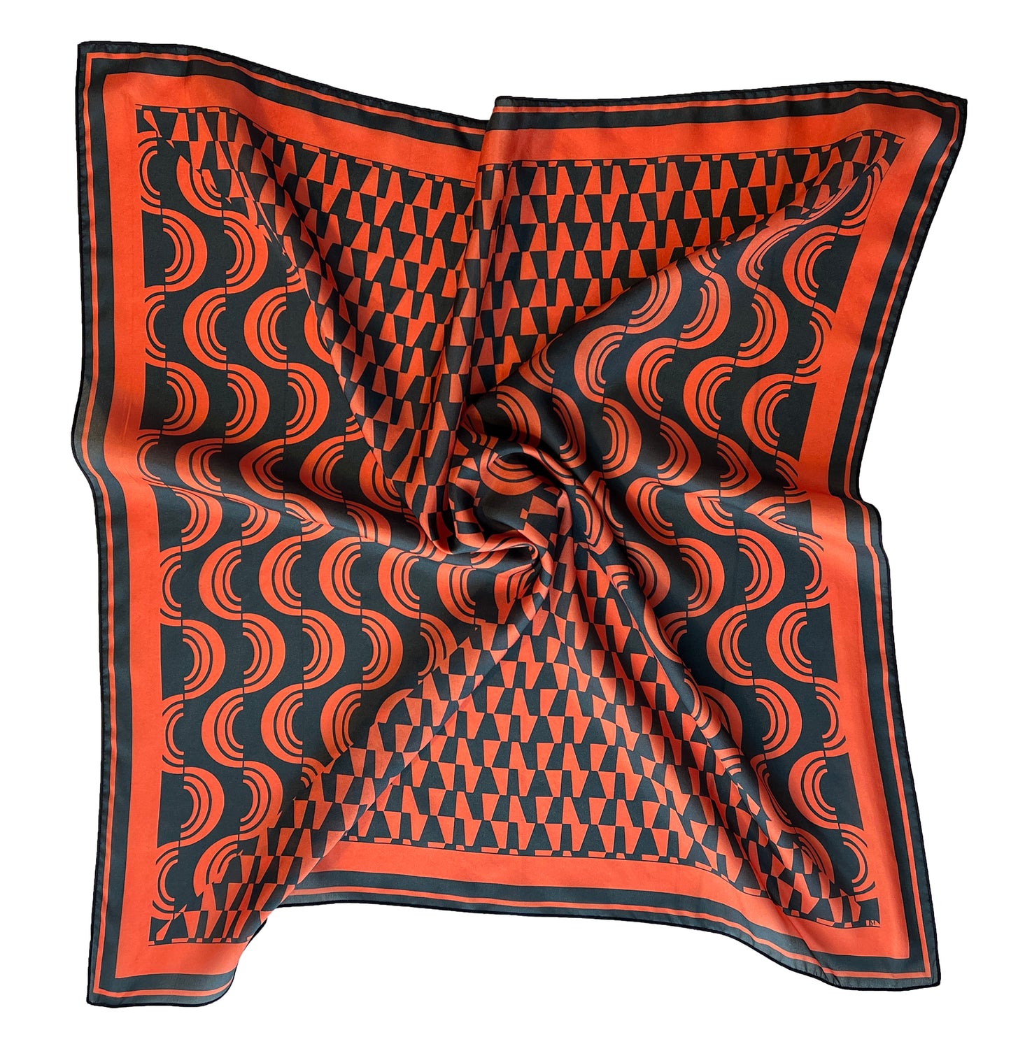 Orange & Navy Blue Geometric Print Silk Scarf 26" x 26"