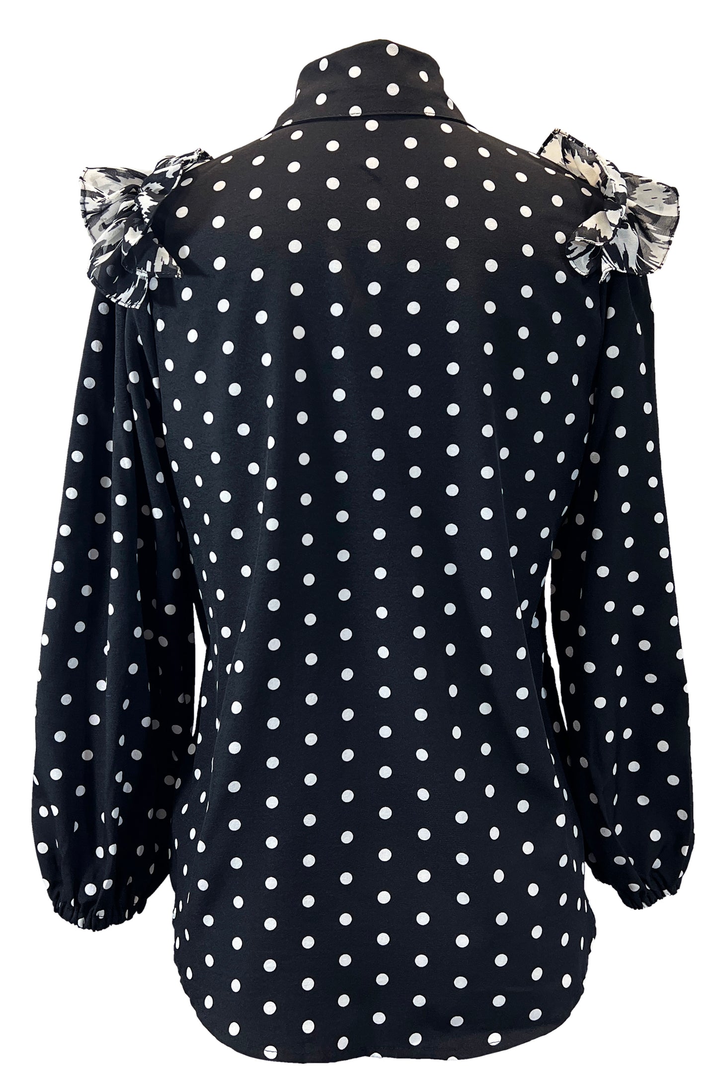 Polka Dot Three-Quarter Sleeve Shoulder Ruffle Top