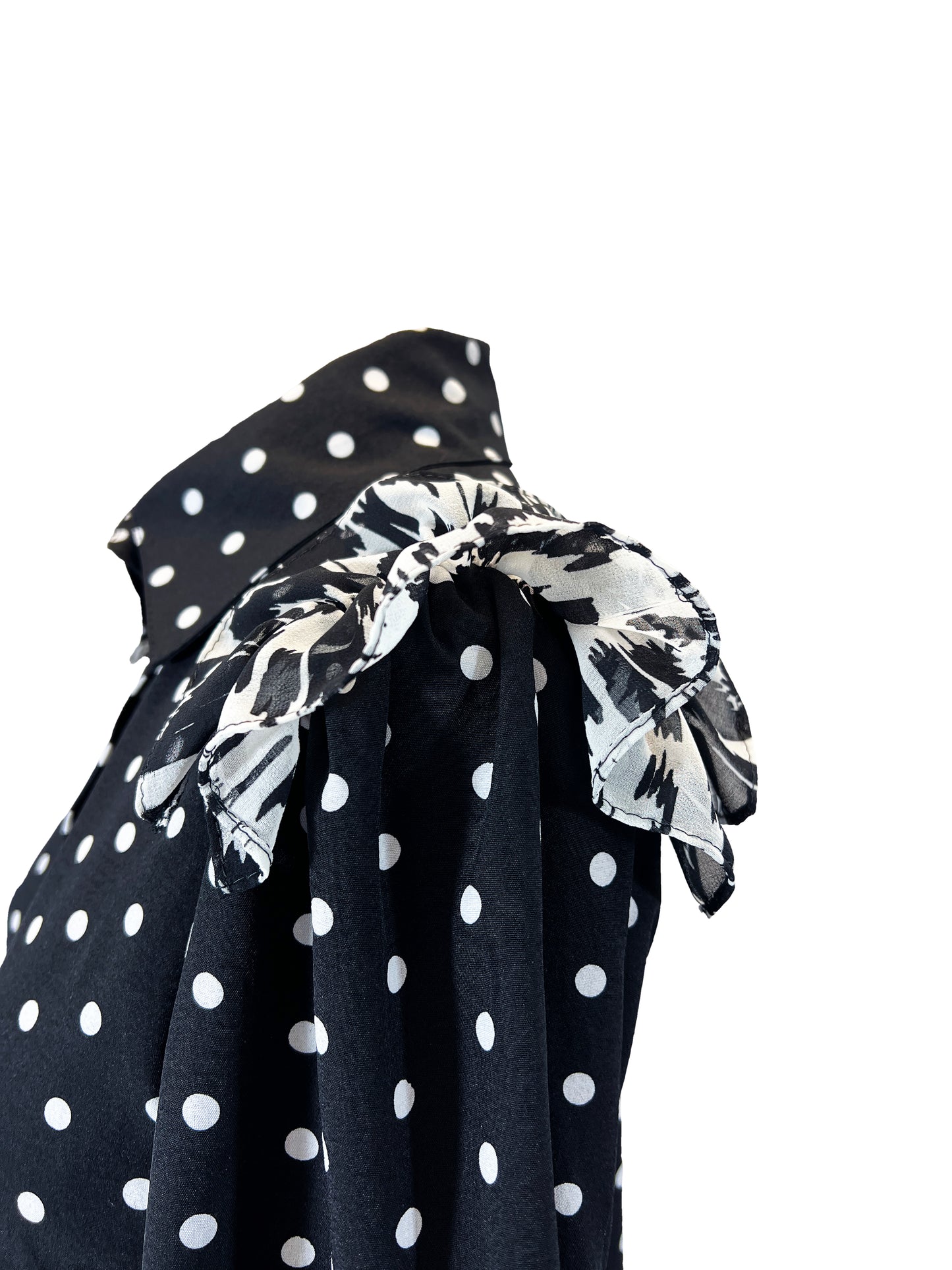 Polka Dot Three-Quarter Sleeve Shoulder Ruffle Top