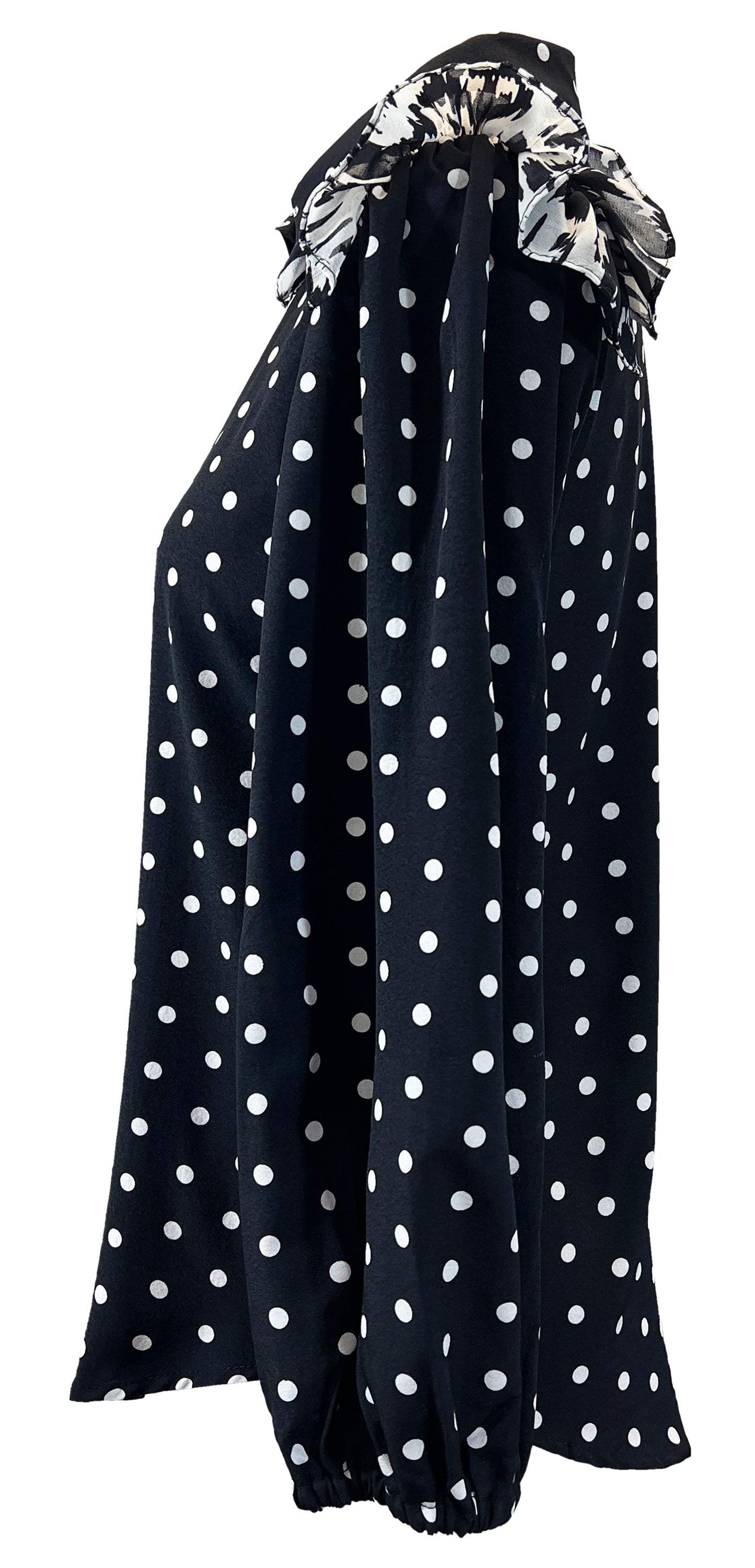 Polka Dot Three-Quarter Sleeve Shoulder Ruffle Top