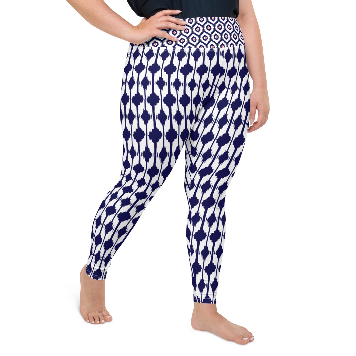 Blue & Coral Ikat Print Plus Size Leggings