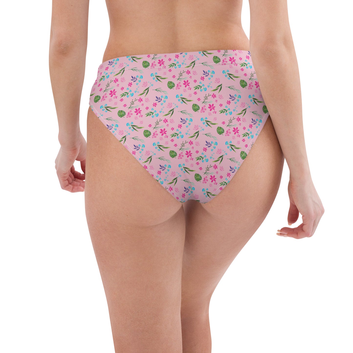 Pink Tropical Floral Print Eco Friendly High-Waisted Bikini Bottom