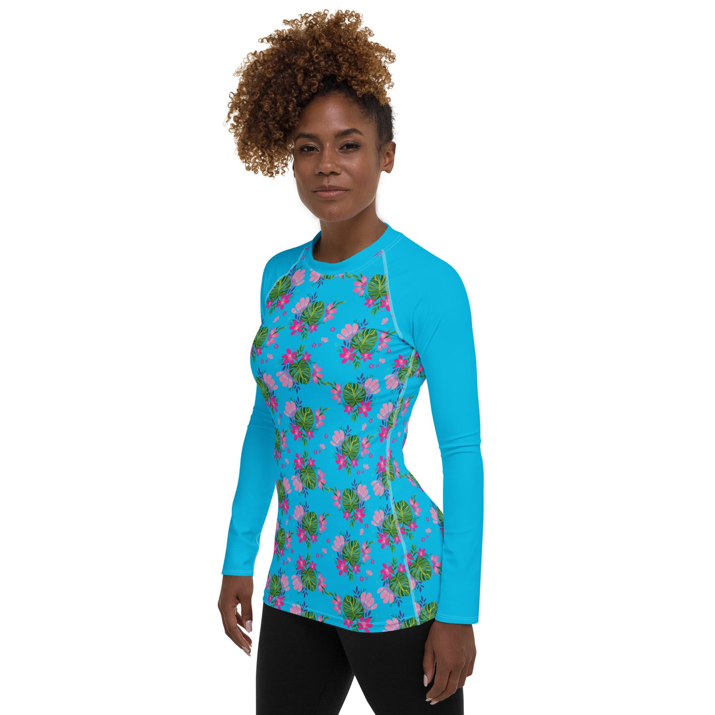 Blue Tropical Floral Print Women's Rash Guard