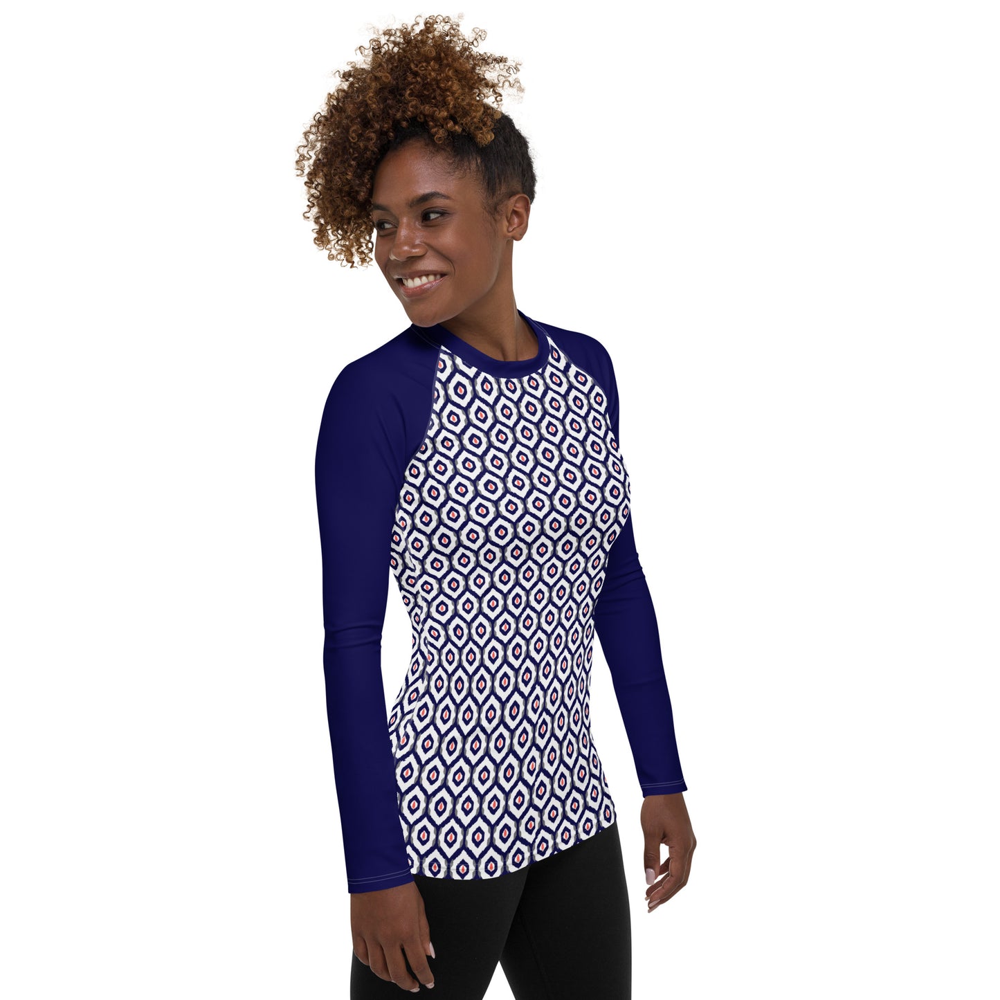 Blue & Coral Ikat Print Women's Rash Guard