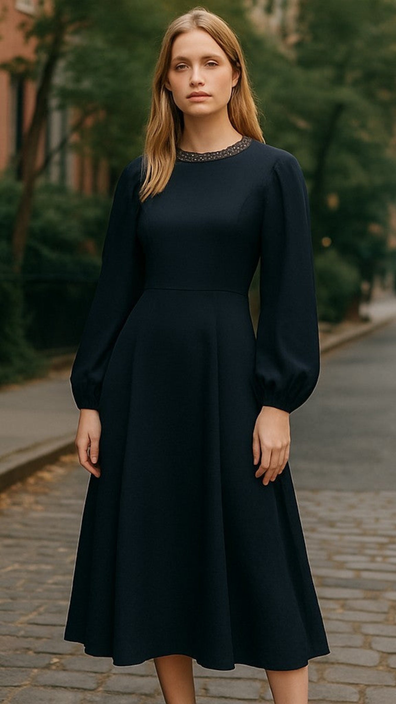 Low Back Beaded Long Sleeve Black Midi Dress