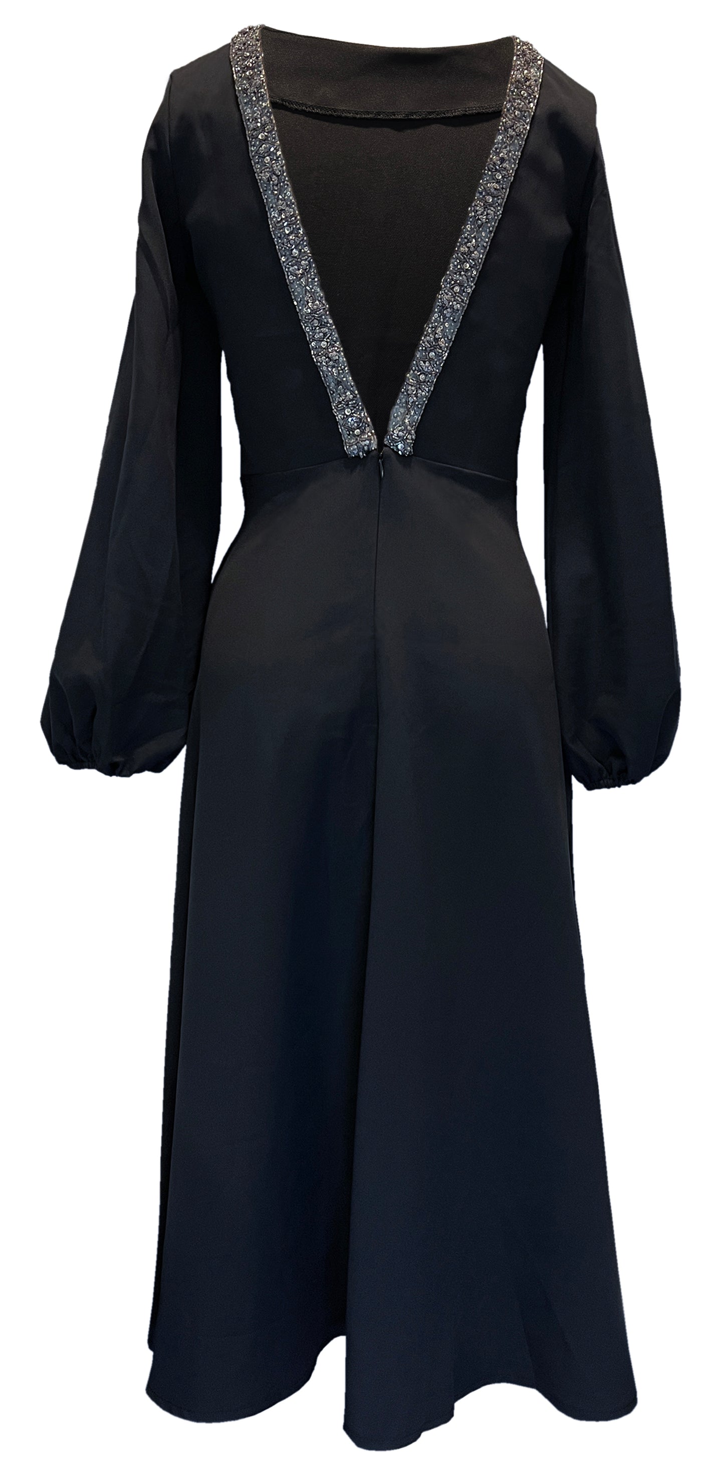 Low Back Beaded Long Sleeve Black Midi Dress