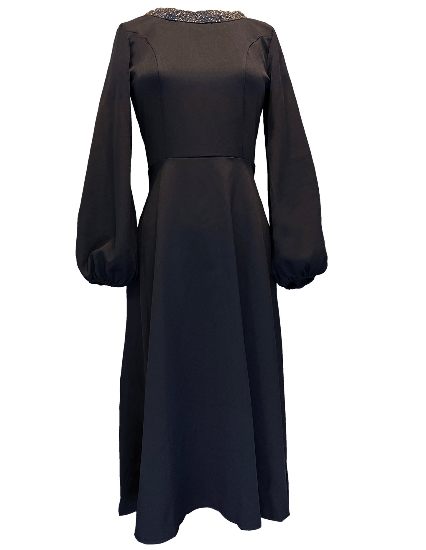 Low Back Beaded Long Sleeve Black Midi Dress