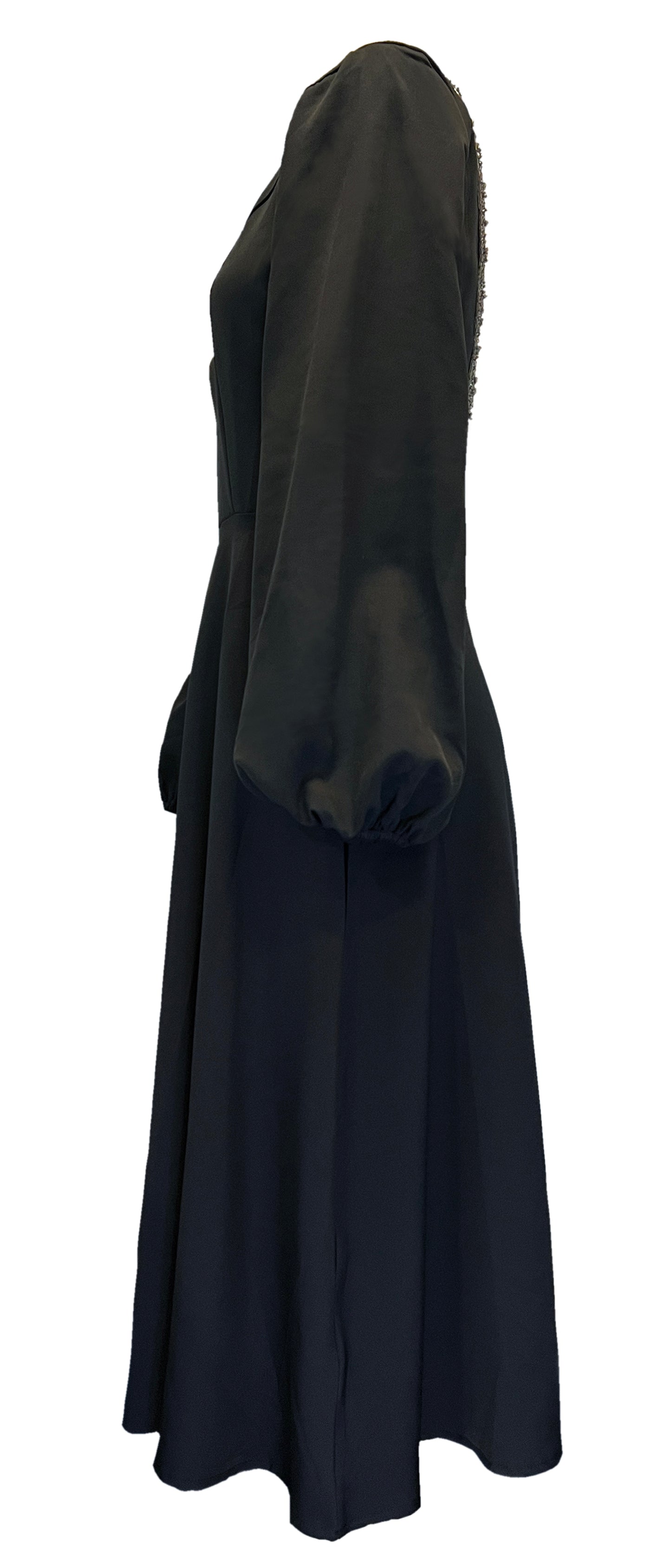 Low Back Beaded Long Sleeve Black Midi Dress