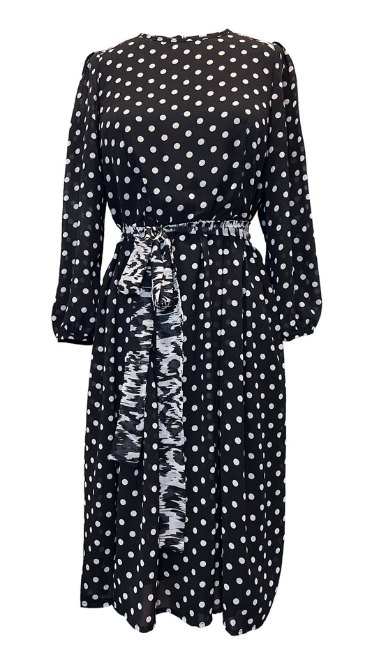 Black & White Polka Dot Long Sleeve Midi Contrast Dress