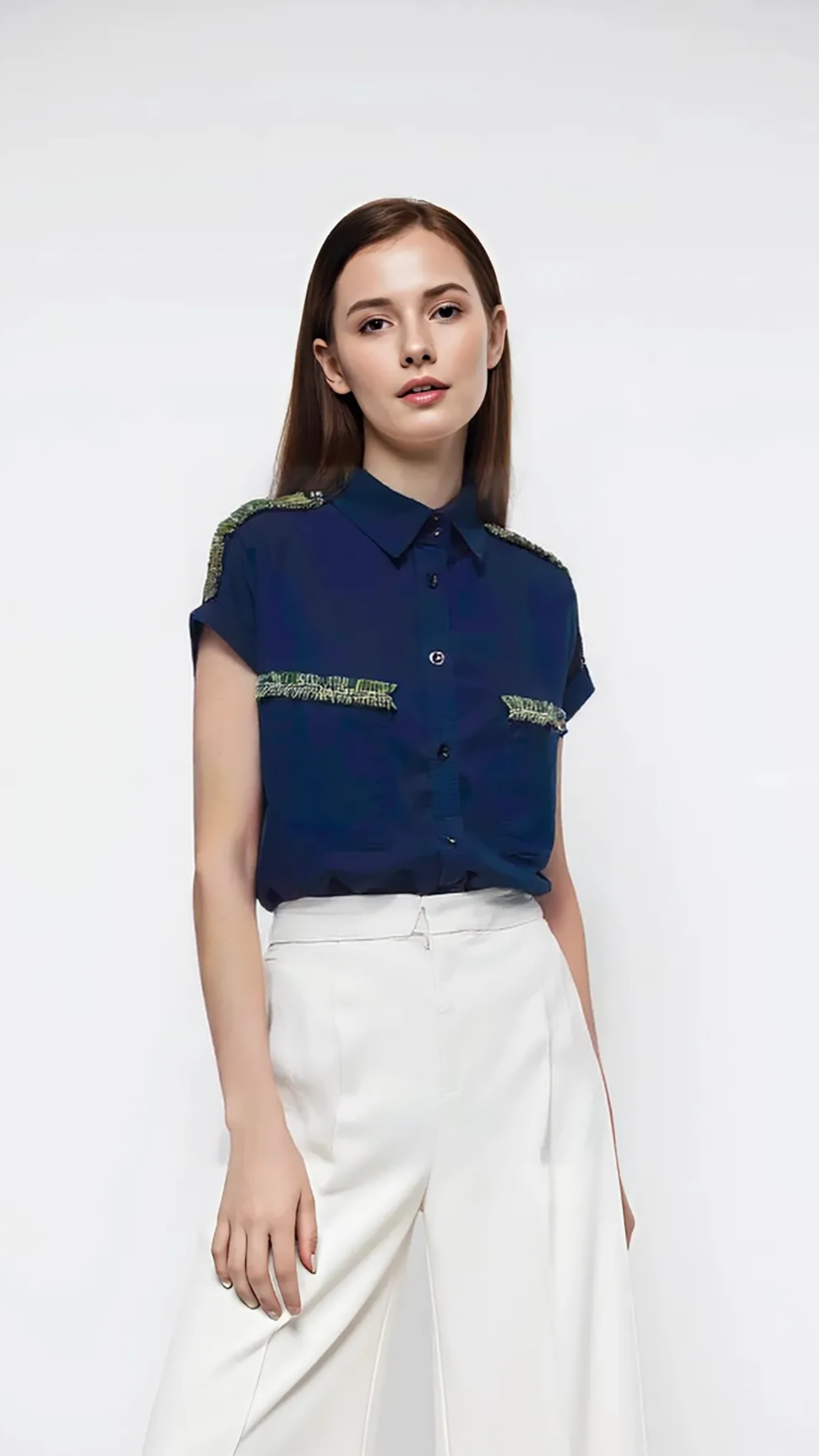 Navy Blue Button Up Fringe Detail Top