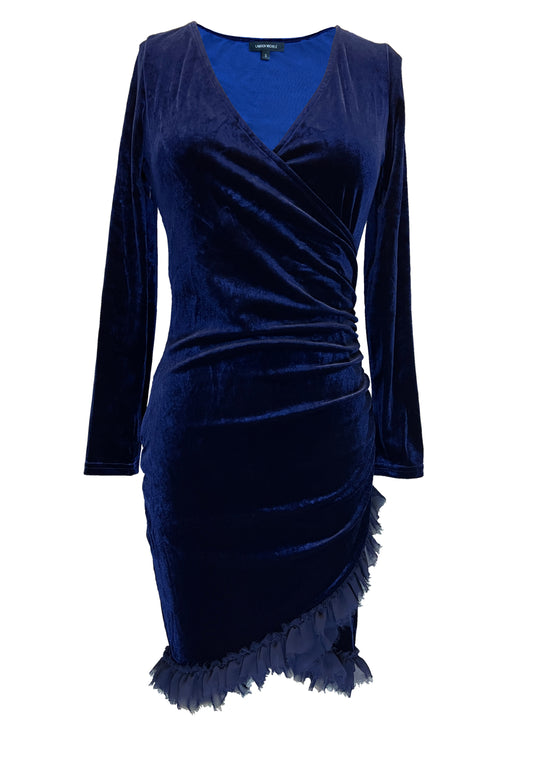 Long Sleeve Blue Velvet Mock Wrap Dress