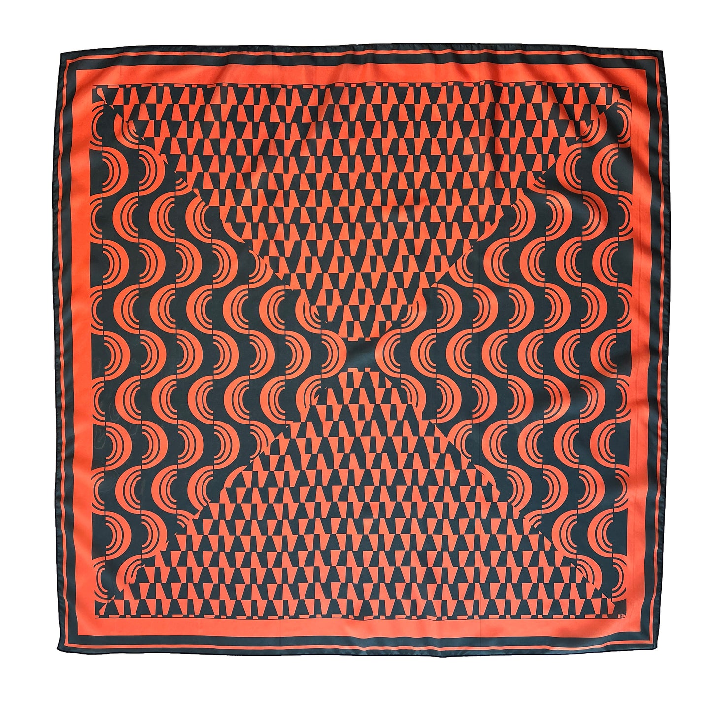 Orange & Navy Blue Geometric Print Silk Scarf 36" x 36"