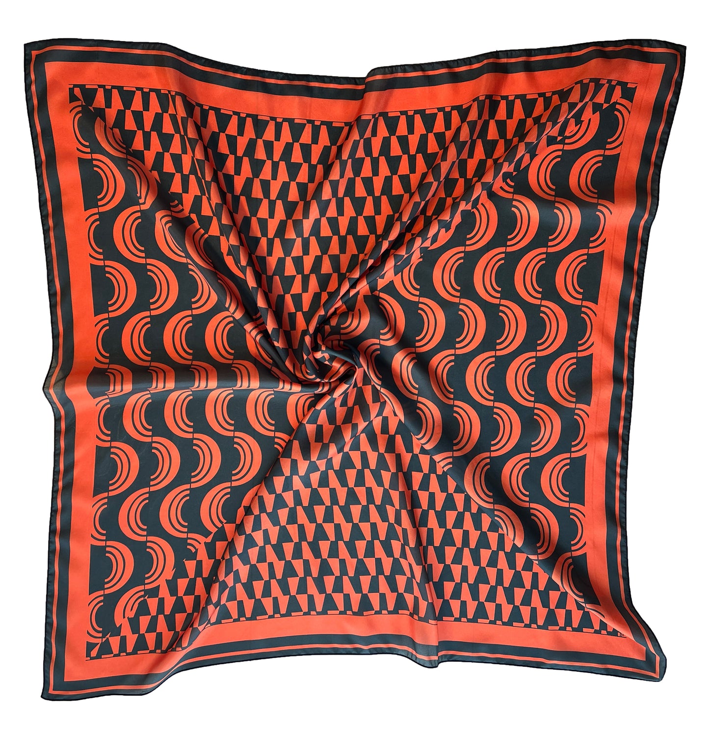 Orange & Navy Blue Geometric Print Silk Scarf 36" x 36"