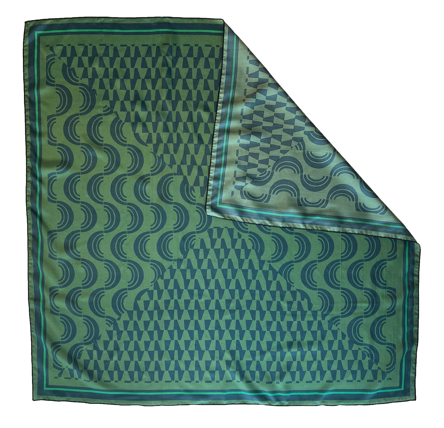Green & Navy Blue Geometric Print Silk Scarf 36" x 36"