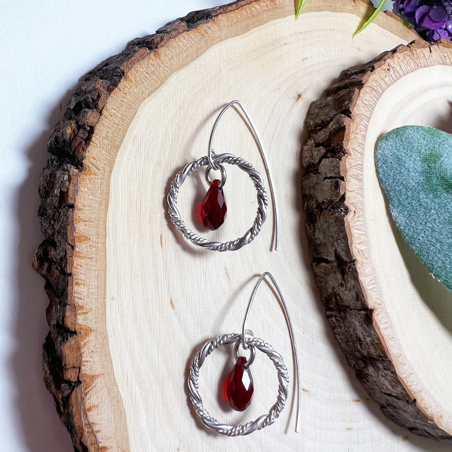Red Crystal Twist Sterling Silver Threader Earrings