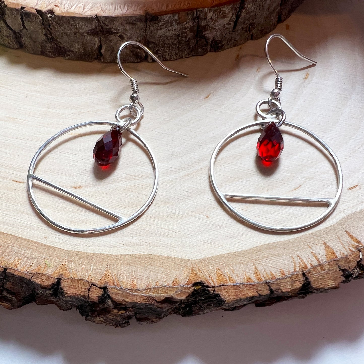 Red Crystal Sterling Silver Dangle Hoop Earrings