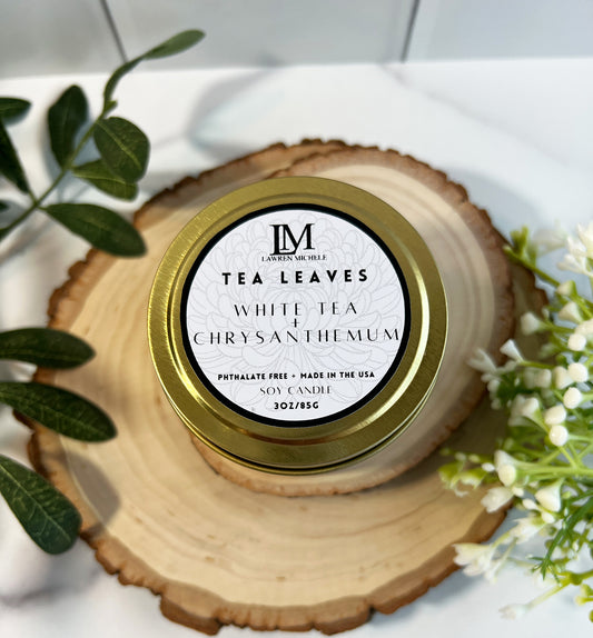Tea Leaves Wood Wick 3oz Tin Soy Candle