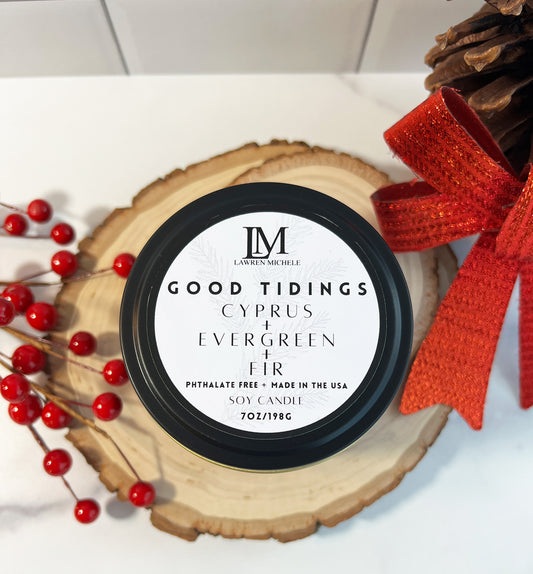 Good Tidings Soy Wood Wick 7oz Holiday Candle Tin