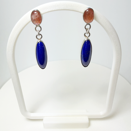 "Aegean Sunset" Sunstone & Lapis Lazuli Sterling Silver Drop Earrings SAMPLE