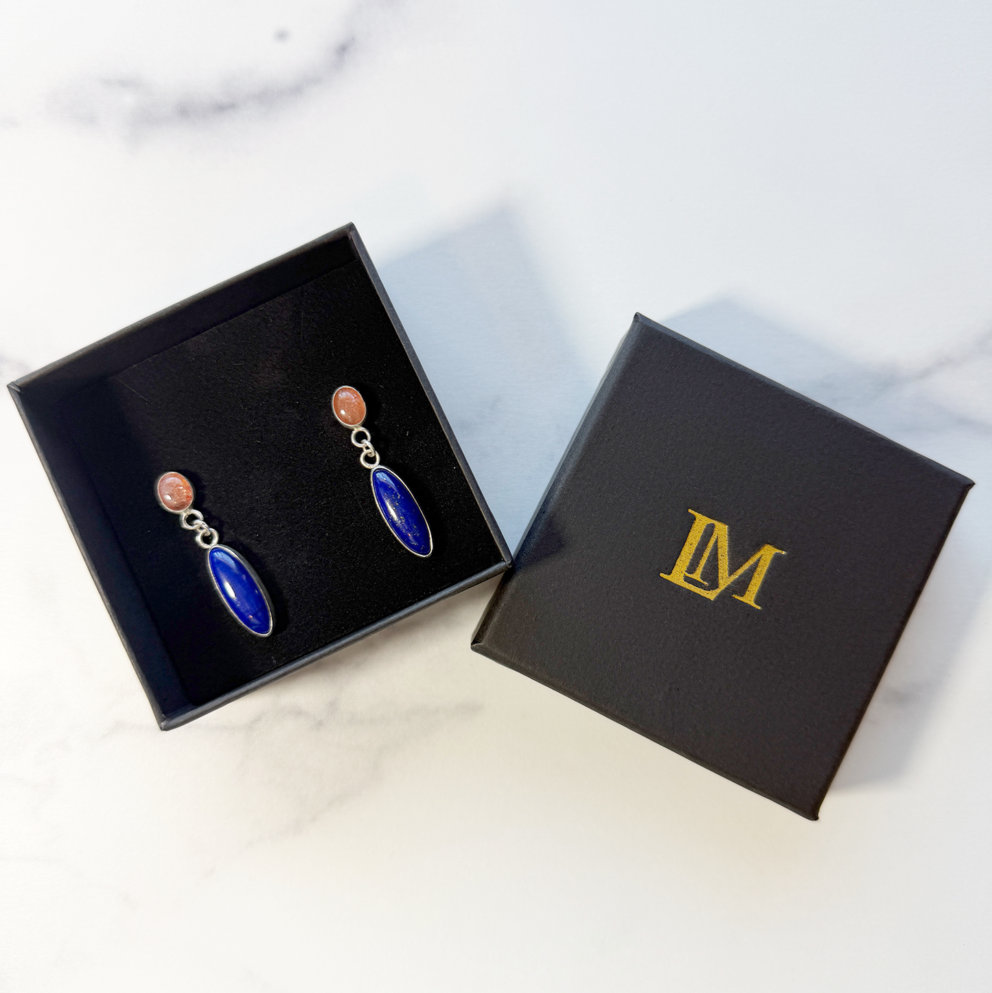 "Aegean Sunset" Sunstone & Lapis Lazuli Sterling Silver Drop Earrings SAMPLE