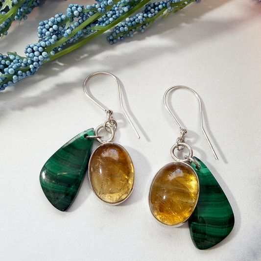 "Hello Limoncello" Citrine + Malachite Sterling Silver Drop Earrings