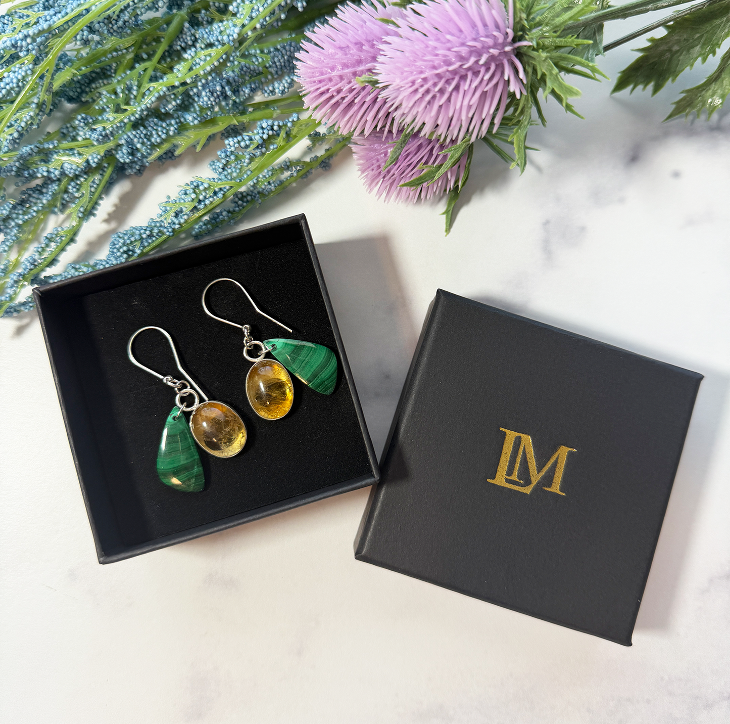 "Hello Limoncello" Citrine + Malachite Sterling Silver Drop Earrings