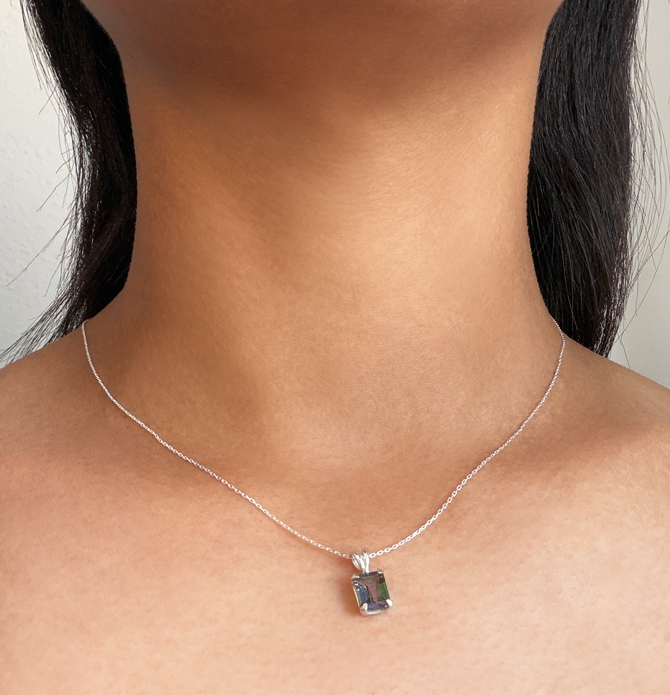 Emerald Cut Mystic Quartz Sterling Silver Pendant Necklace SAMPLE