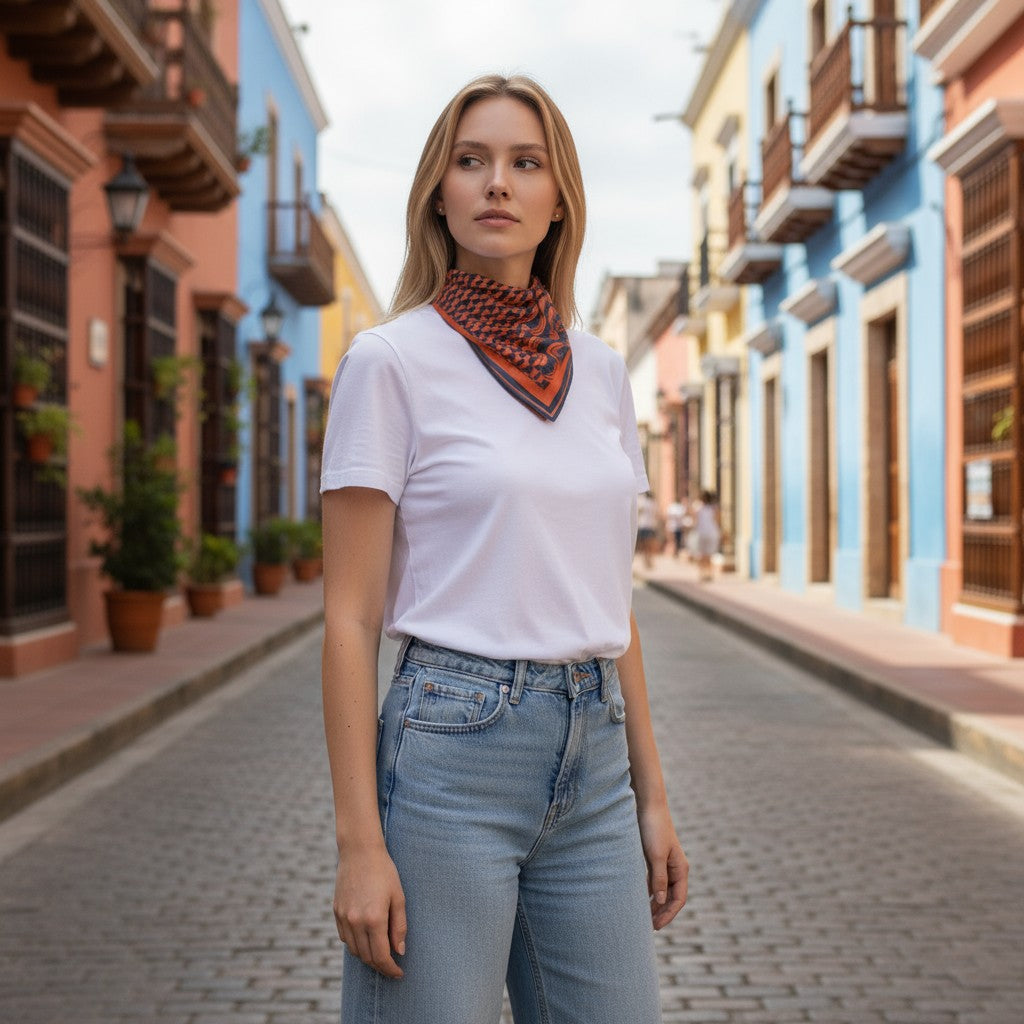 A blonde woman standing on a colorful street with pastel-colored buildings, wearing jeans, a white t-shirt, and an orange a navy geometric border print scarf.
