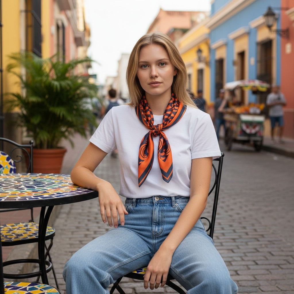 Woman sitting outdoors in a colorful street setting wearing a white t-shirt and blue jeans with an orange & navy geometric print scarf.