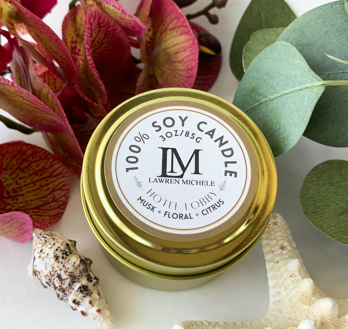 Hotel Lobby Wood Wick 3oz Tin Soy Candle