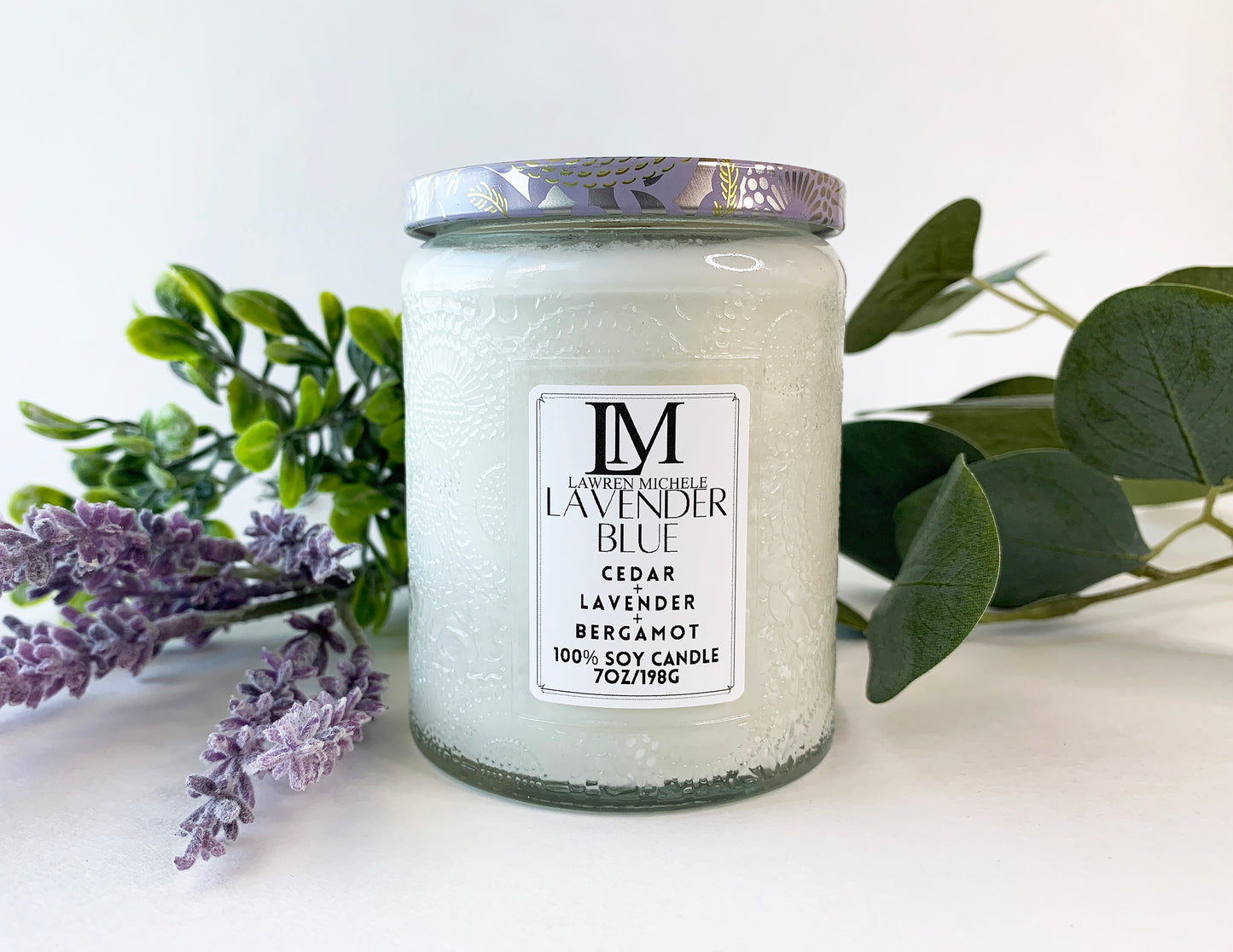 Lavender Blue Special Edition Embossed Glass Jar Wood Wick 7oz Soy Candle