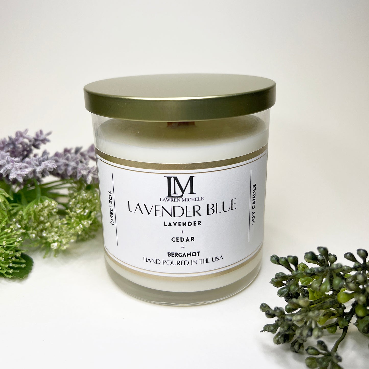 Lavender Blue Glass Jar Wood Wick 9oz Soy Candle