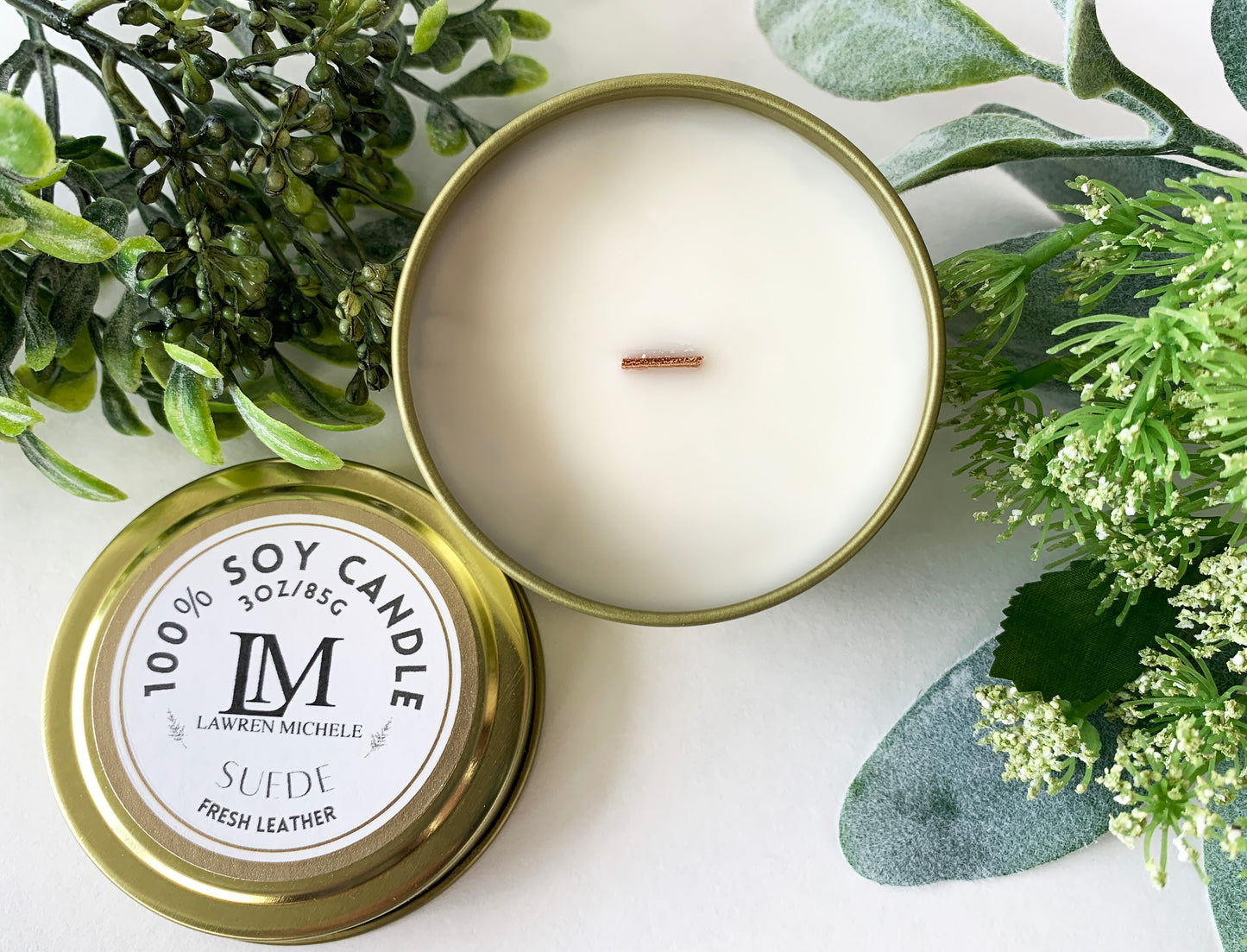 Suede Wood Wick 3oz Tin Soy Candle