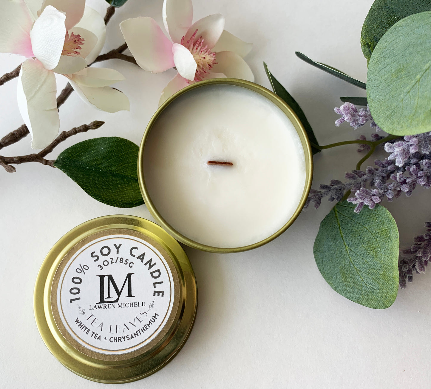 Tea Leaves Wood Wick 3oz Tin Soy Candle