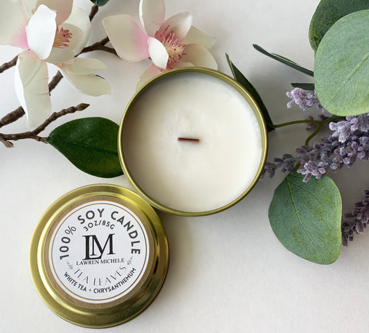 Tea Leaves Wood Wick 3oz Tin Soy Candle